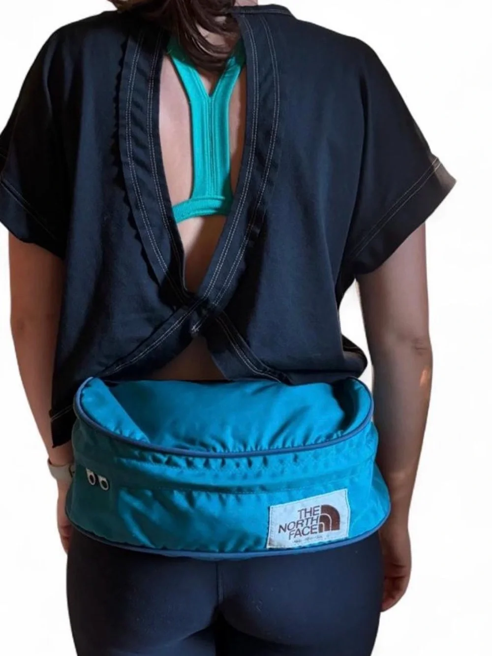 Vintage 70/80s The North Face teal blue large waist pack with royal blue piping